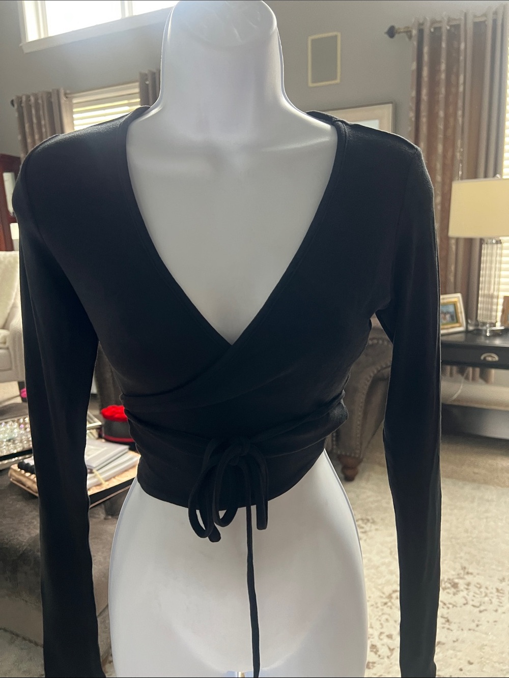 Skims Black Wrap Tie-Front Long Sleeve Top